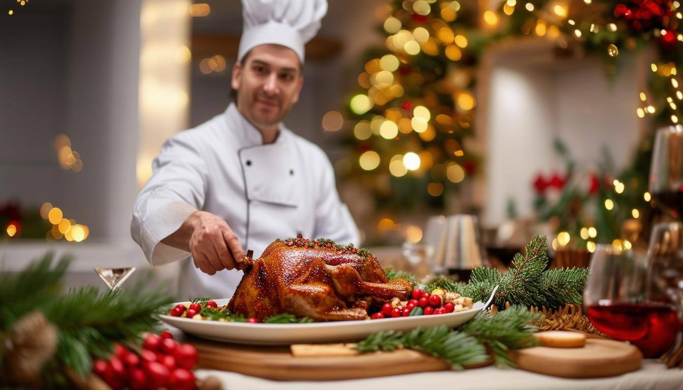 Chef demonstrating a Christmas dinner recipe at the webinar