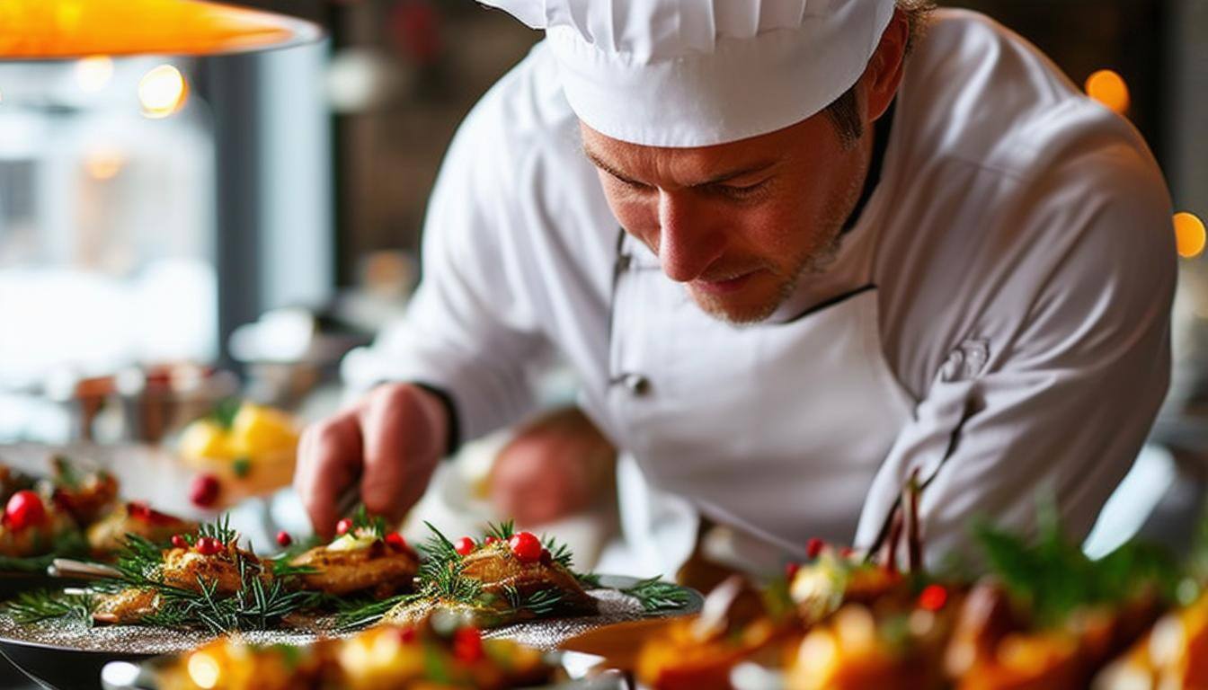 Expert chef preparing gourmet Christmas dishes