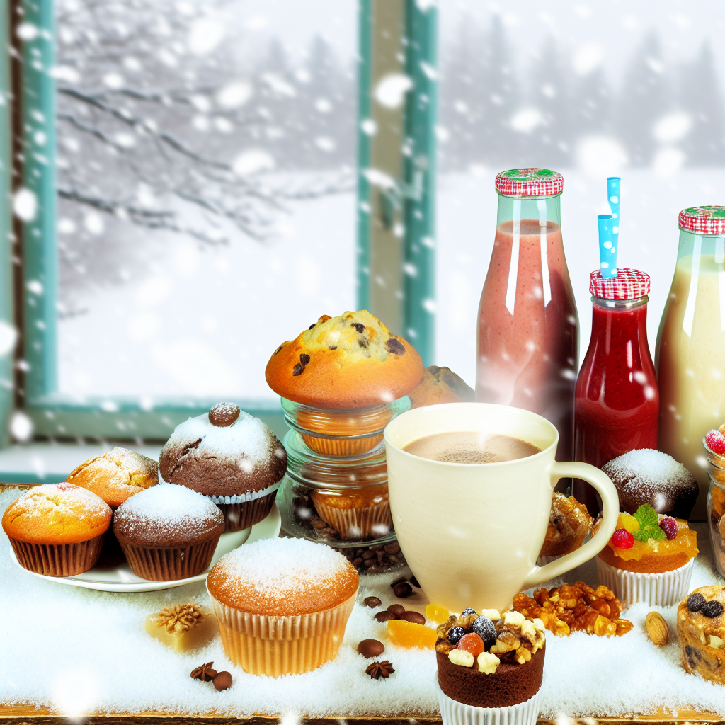 A cozy winter morning scene with a steaming cup of