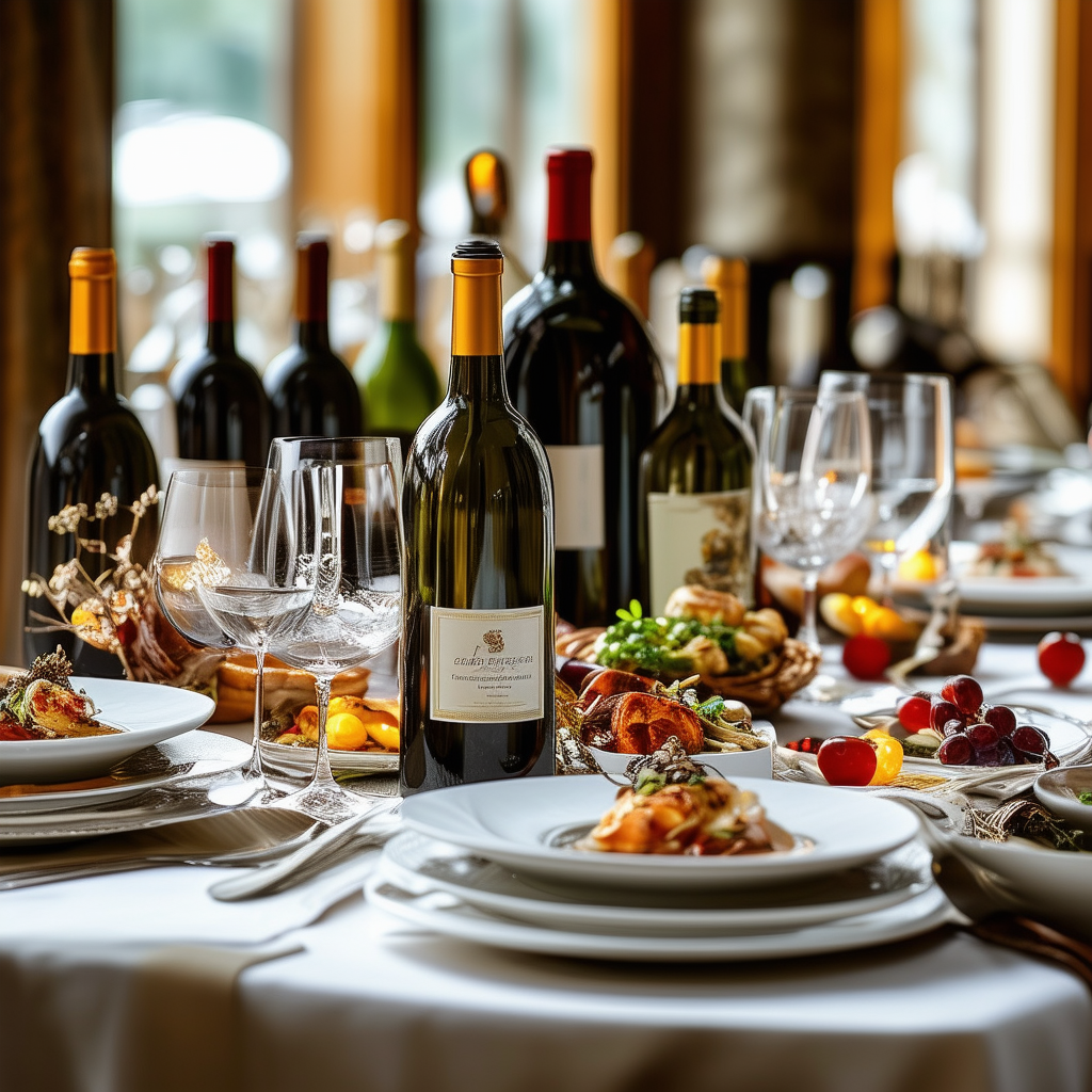 An elegant dinner table set with a variety of wine